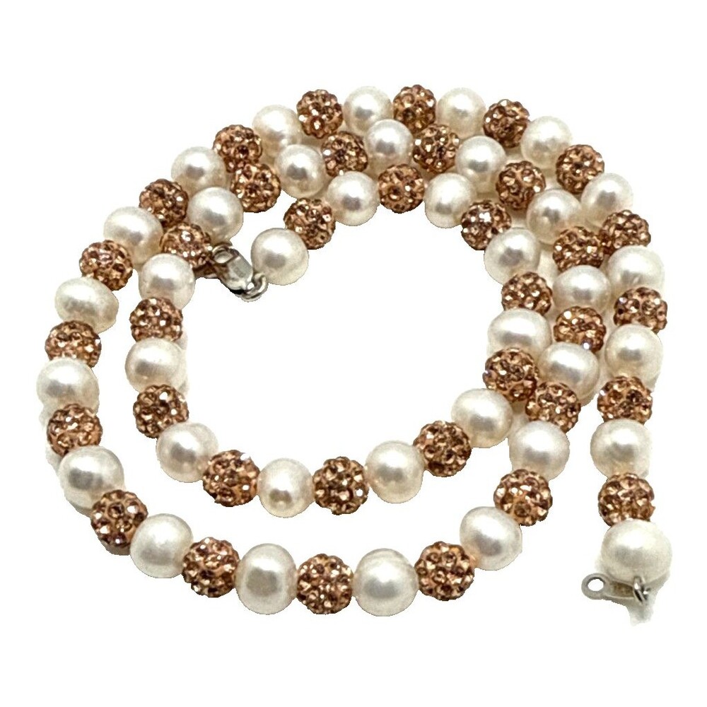 IPS Genuine Pearl Pink Crystal Bead Necklace Sterling Silver 925 Clasp 18”